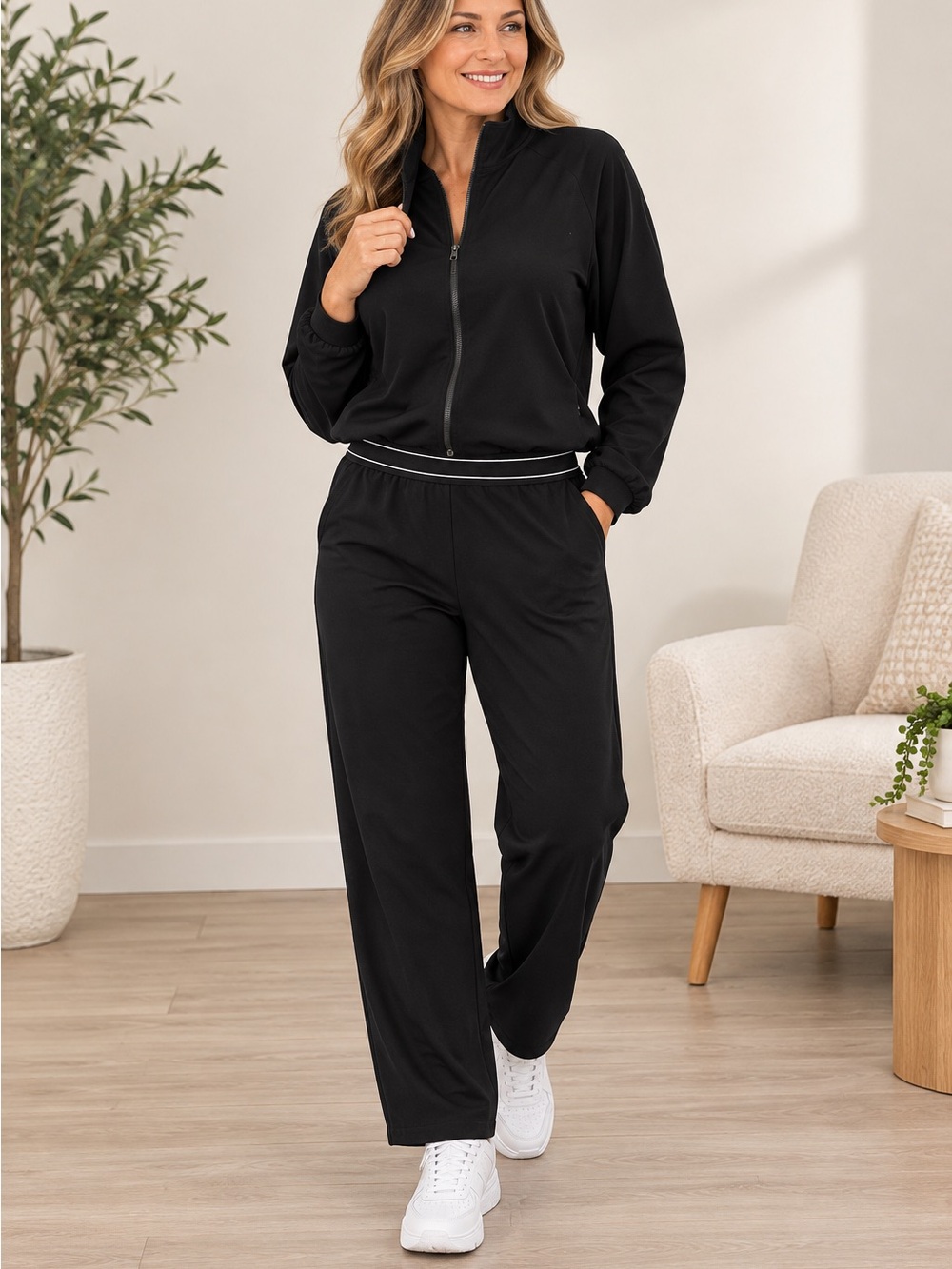 Black Zip-Front Track set  with Elastic Waistband